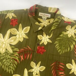 Tommy Bahama Button Up Mens Large Green Silk Floral Tropical Hawaiian Shirt